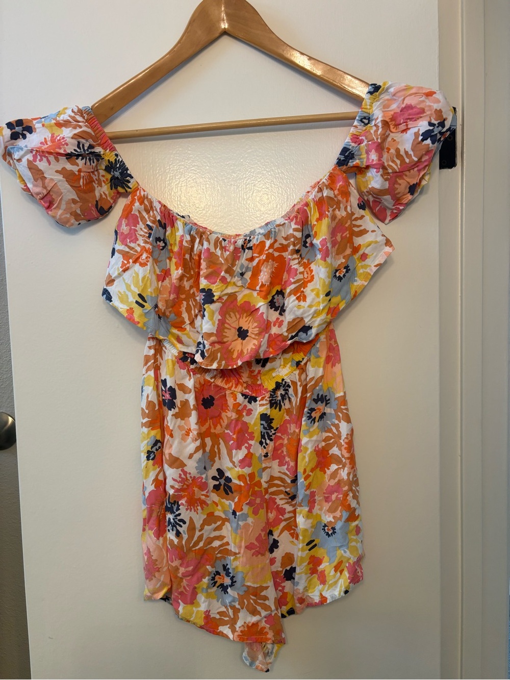 Roxy Floral Off-Shoulder Romper in Pink, Orange & Yellow XS